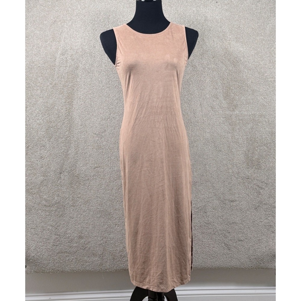 Rokoko Women L Tan Faux Suede Bodycon Midi Dress Sleeveless Round Neck
